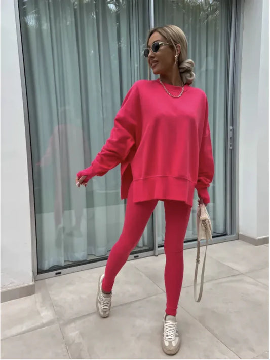 Conjunto Casual de Suéter para Mujer con Top Dividido y Pantalones Ajustados