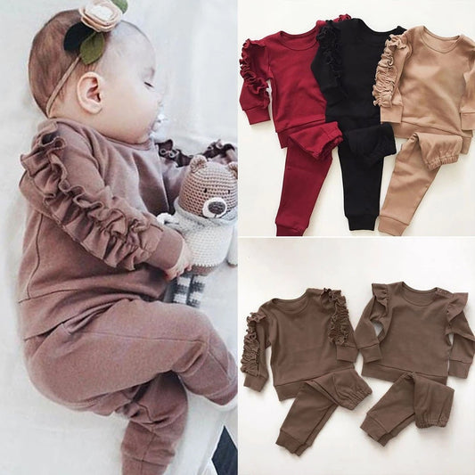 Neonato Ragazzi Ragazze Increspature Maglione Solido Manica Lunga Felpa Top Pantaloni Infantili Bambini 2 Pz Abiti Vestiti Set Autunno Vestiti
