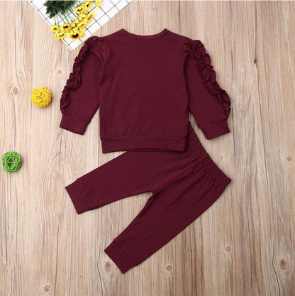 Neonato Ragazzi Ragazze Increspature Maglione Solido Manica Lunga Felpa Top Pantaloni Infantili Bambini 2 Pz Abiti Vestiti Set Autunno Vestiti