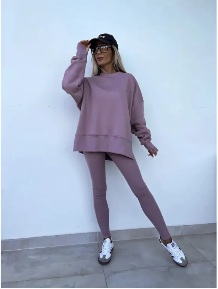 Conjunto Casual de Suéter para Mujer con Top Dividido y Pantalones Ajustados