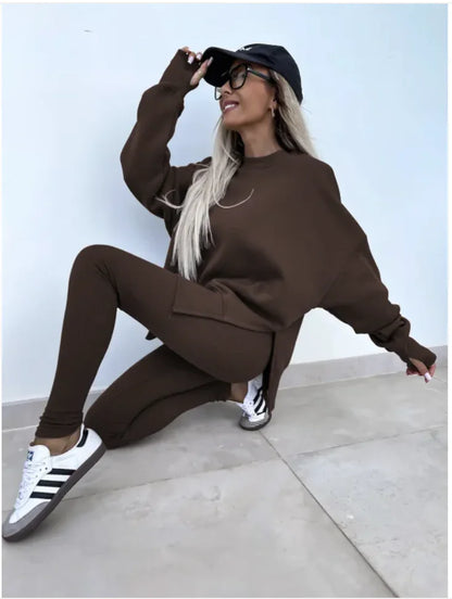 Conjunto Casual de Suéter para Mujer con Top Dividido y Pantalones Ajustados