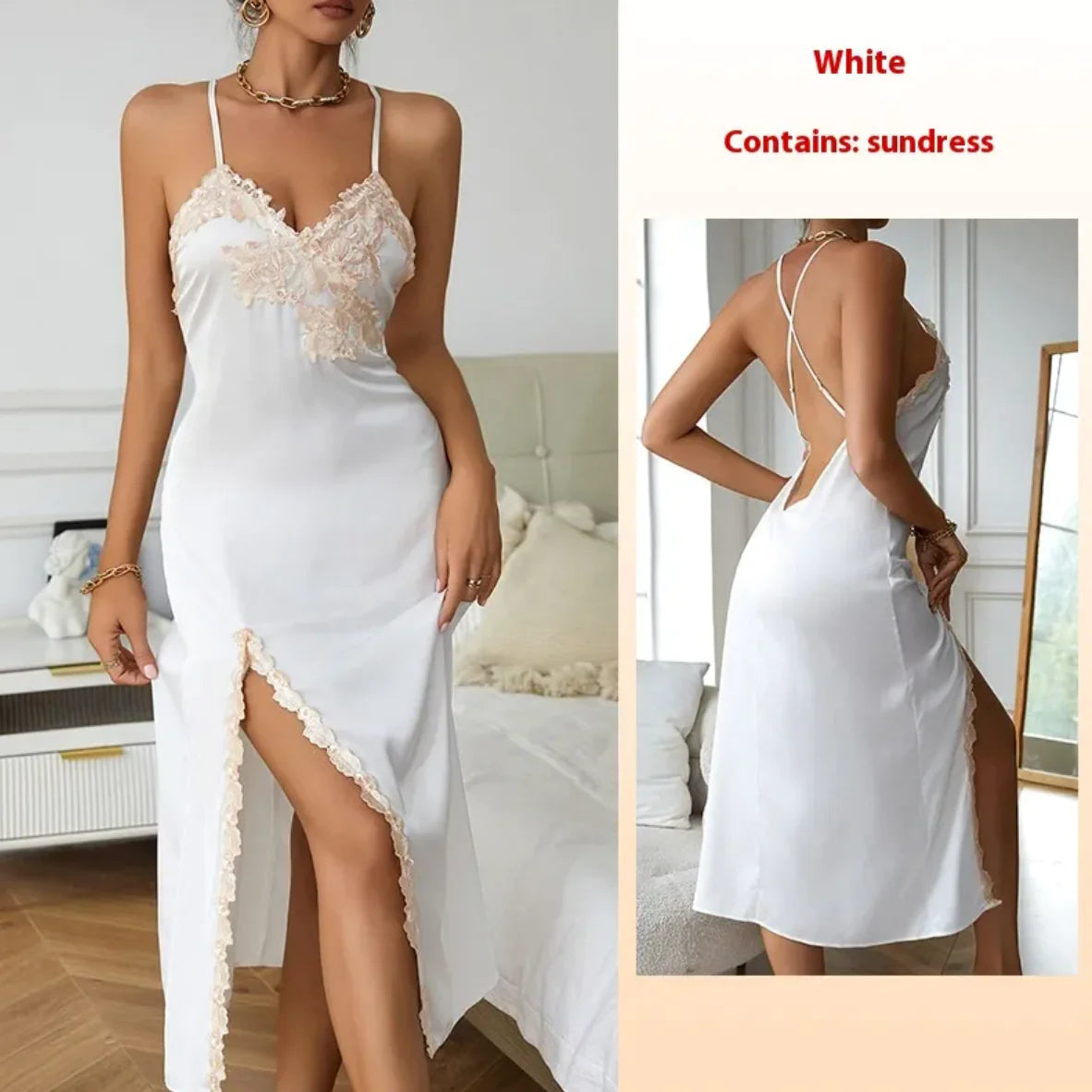 Pigiama in raso con scollo a V e pizzo