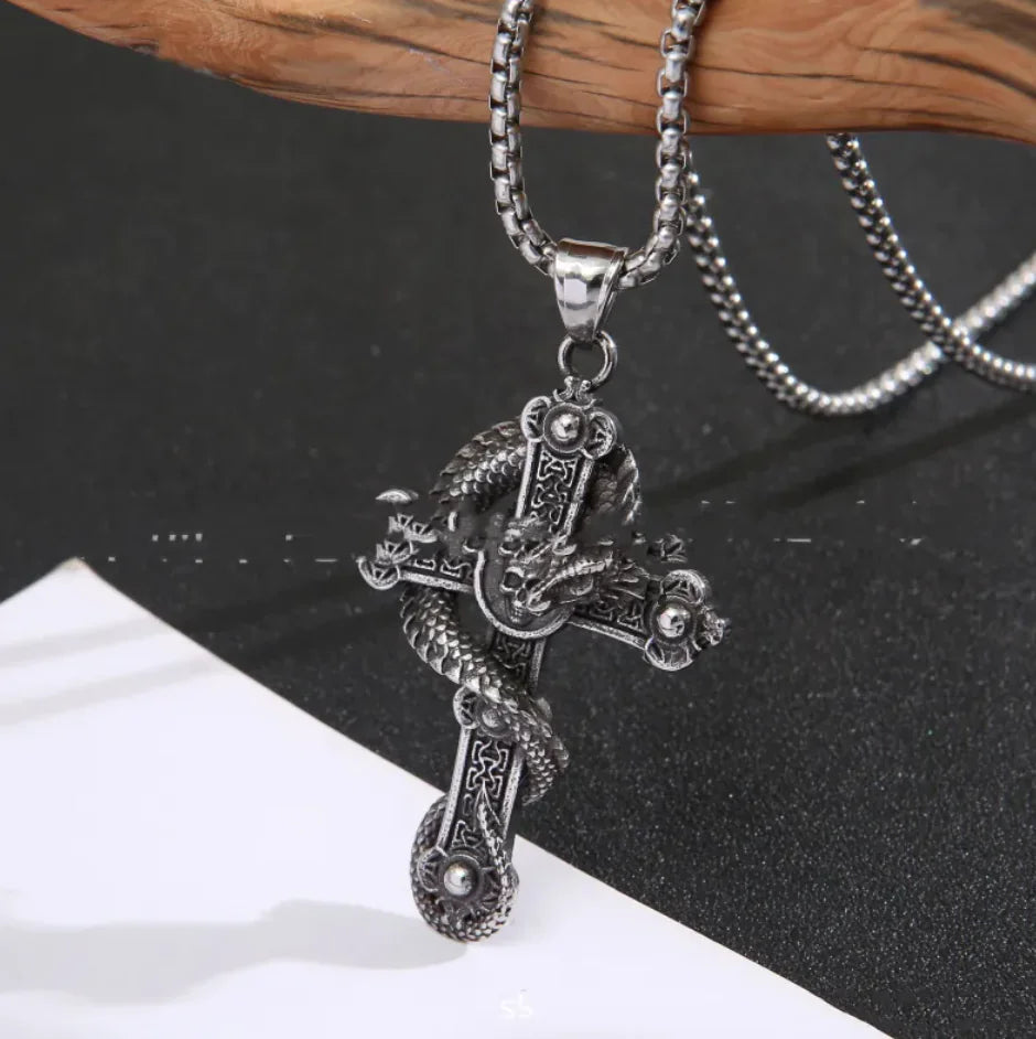 Collar con Colgante de Cruz y Dragón de Acero Inoxidable