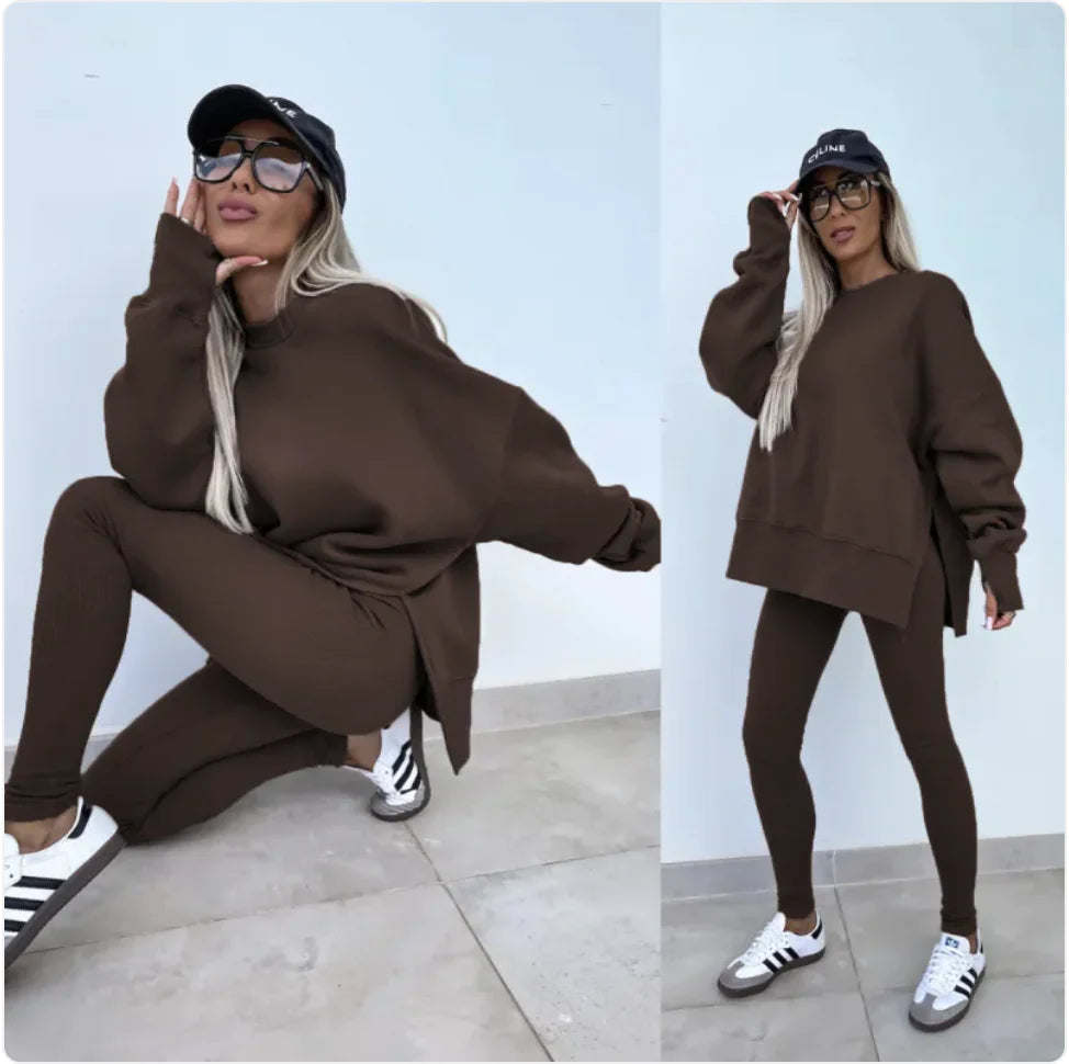 Conjunto Casual de Suéter para Mujer con Top Dividido y Pantalones Ajustados