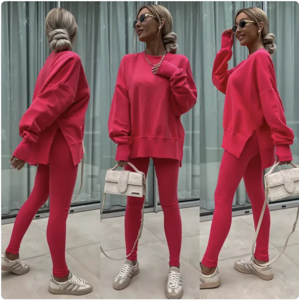 Conjunto Casual de Suéter para Mujer con Top Dividido y Pantalones Ajustados