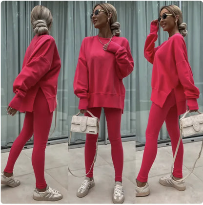 Conjunto Casual de Suéter para Mujer con Top Dividido y Pantalones Ajustados