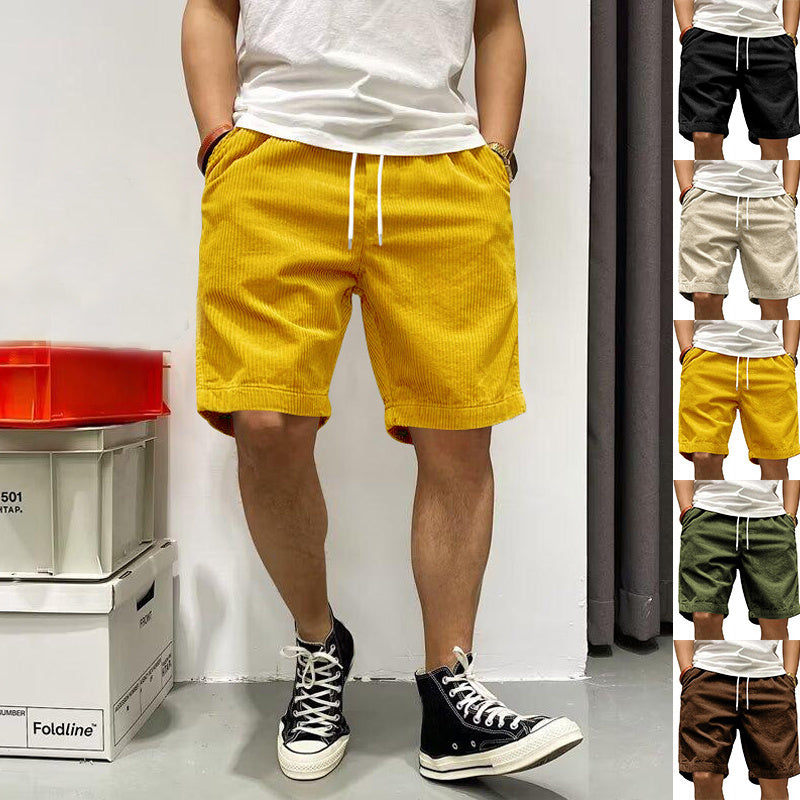Pantaloncini cargo da uomo, estivi, in velluto a coste vintage, con coulisse e tasche