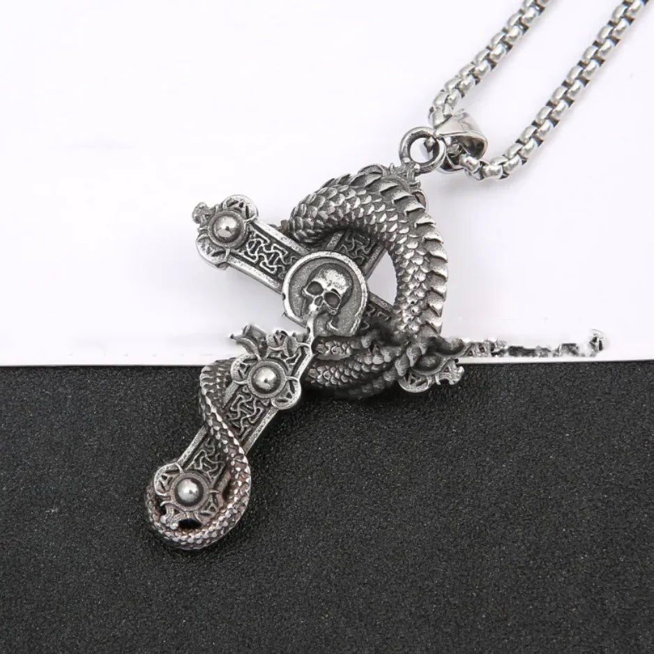 Collar con Colgante de Cruz y Dragón de Acero Inoxidable