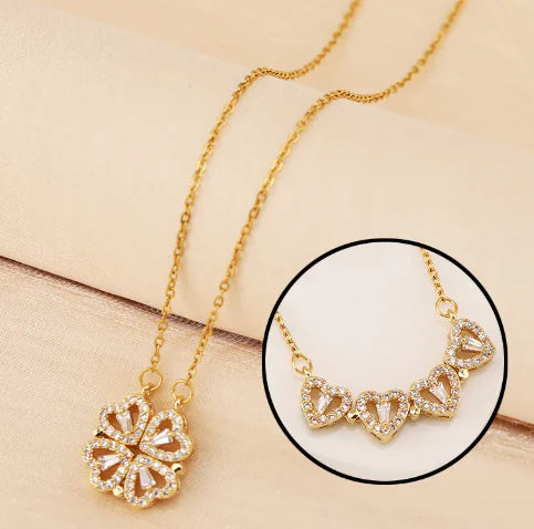 Caja de Regalo Rosa con Collares de Trébol de Cuatro Hojas y Corazón